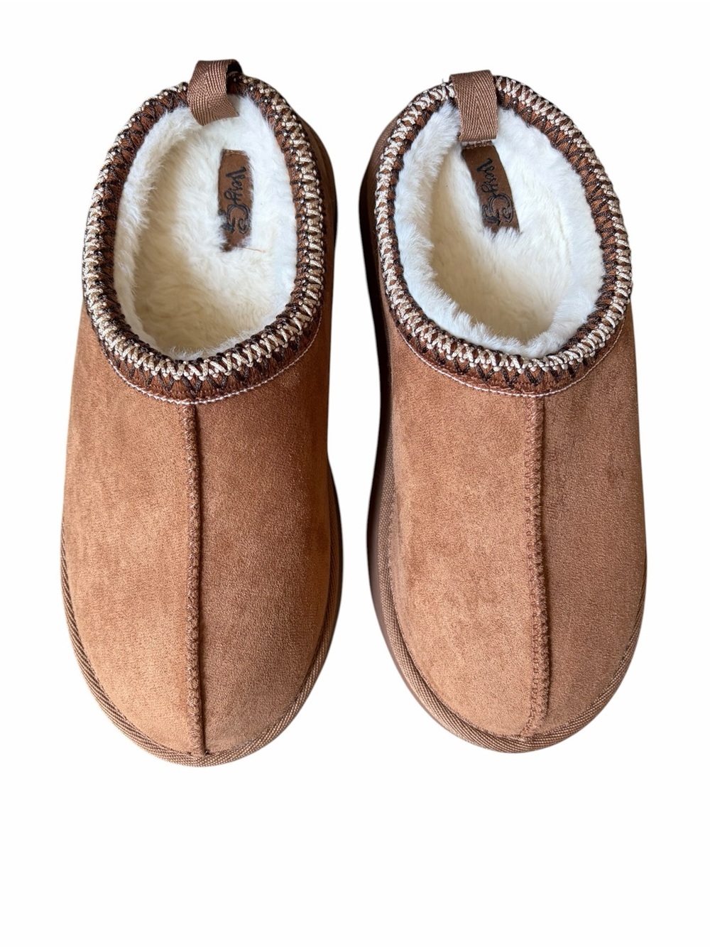 Very G Charlie Chestnut Brown and Cream Faux Shearling Slip-On Clogs